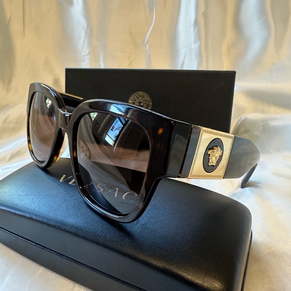 Versace Women's Tortoiseshell Black Sunglasses with Gold Medusa Plaque
